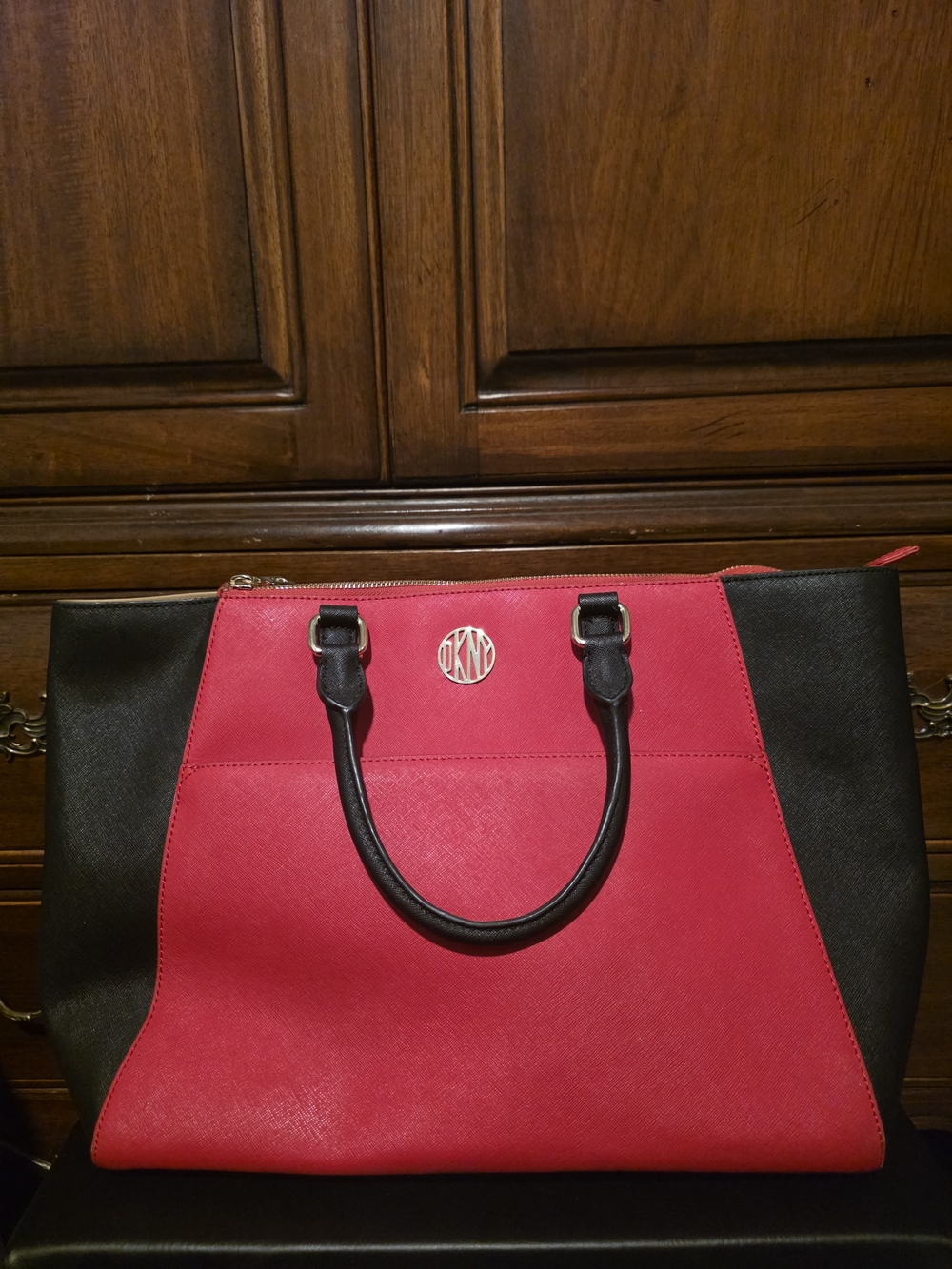 DKNY Red and Black Saffiano Tote Bag